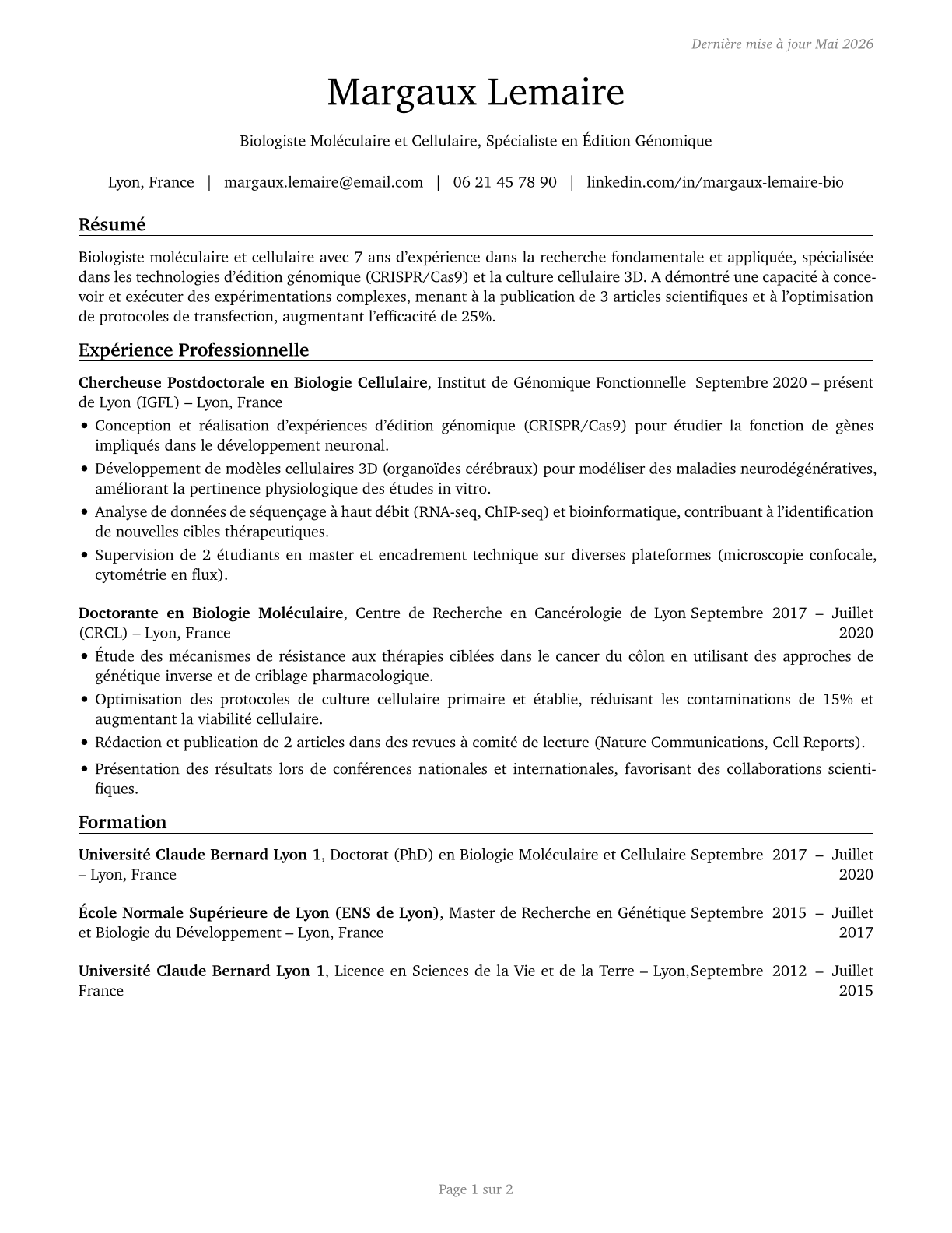 Molecular and Cellular Biologists CV in French — page 1