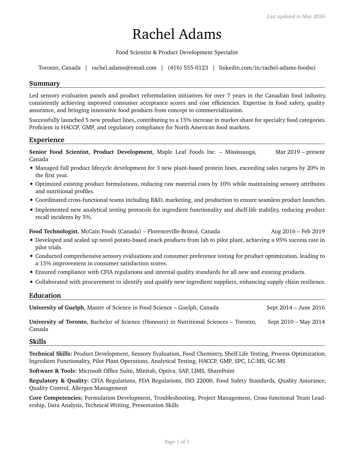 Food Scientists and Technologists CV in English — page 1