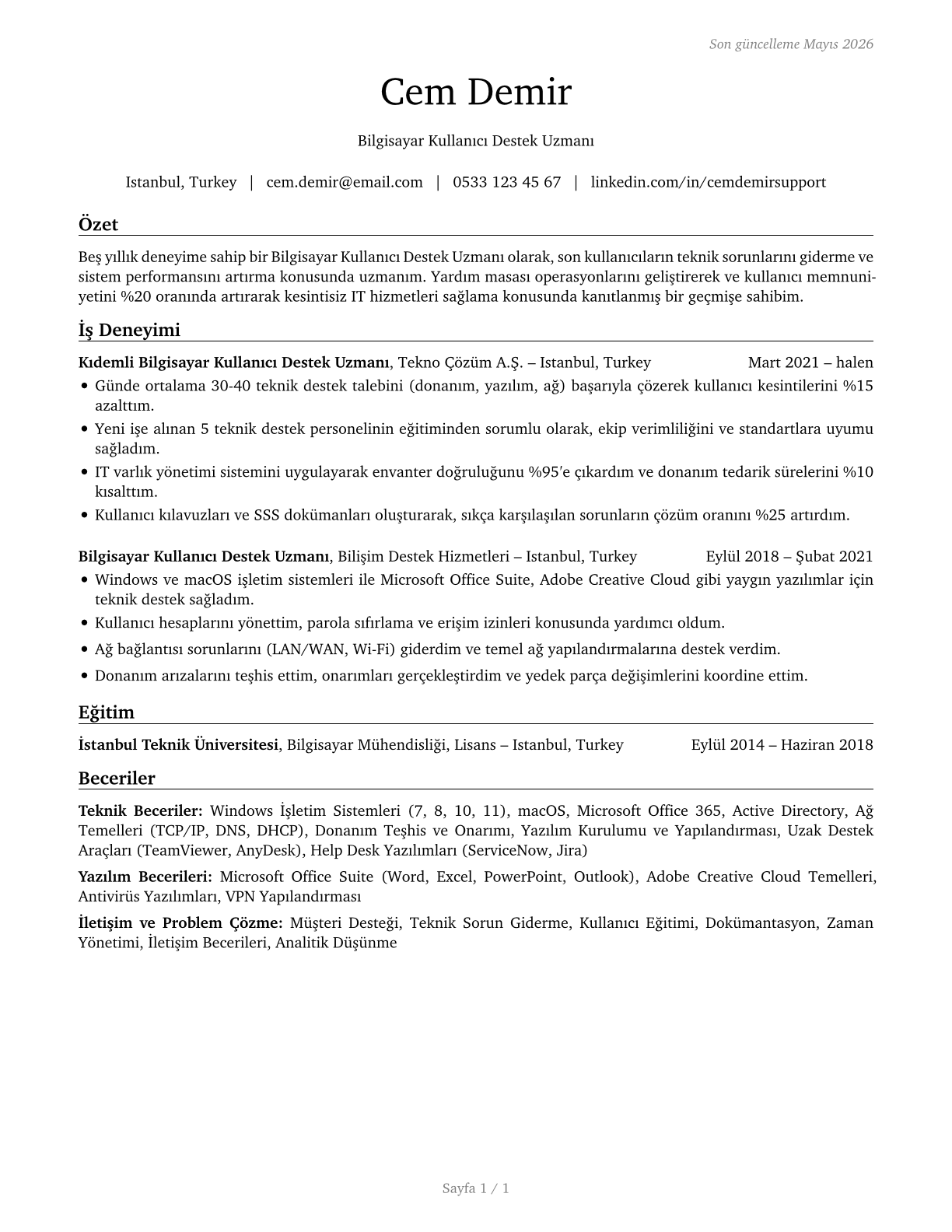 Computer User Support Specialists CV in Turkish — page 1