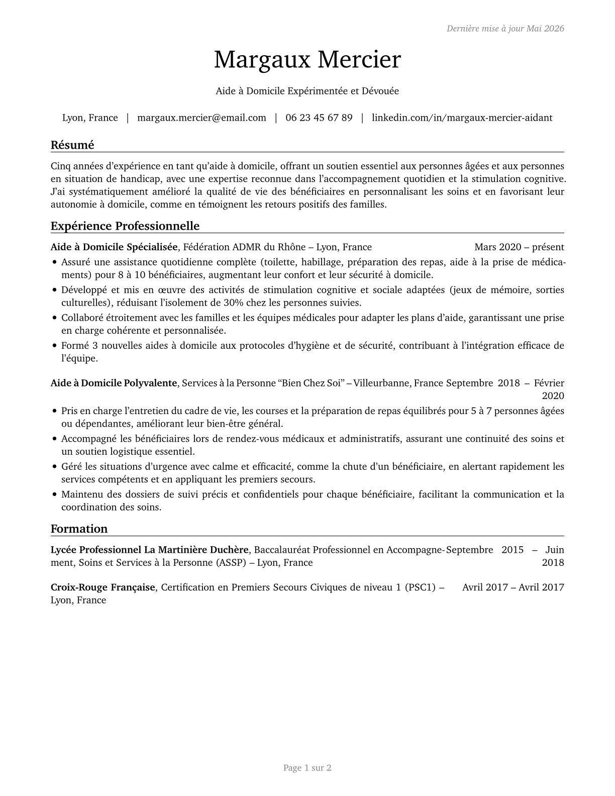 Home Health Aides CV in French — page 1