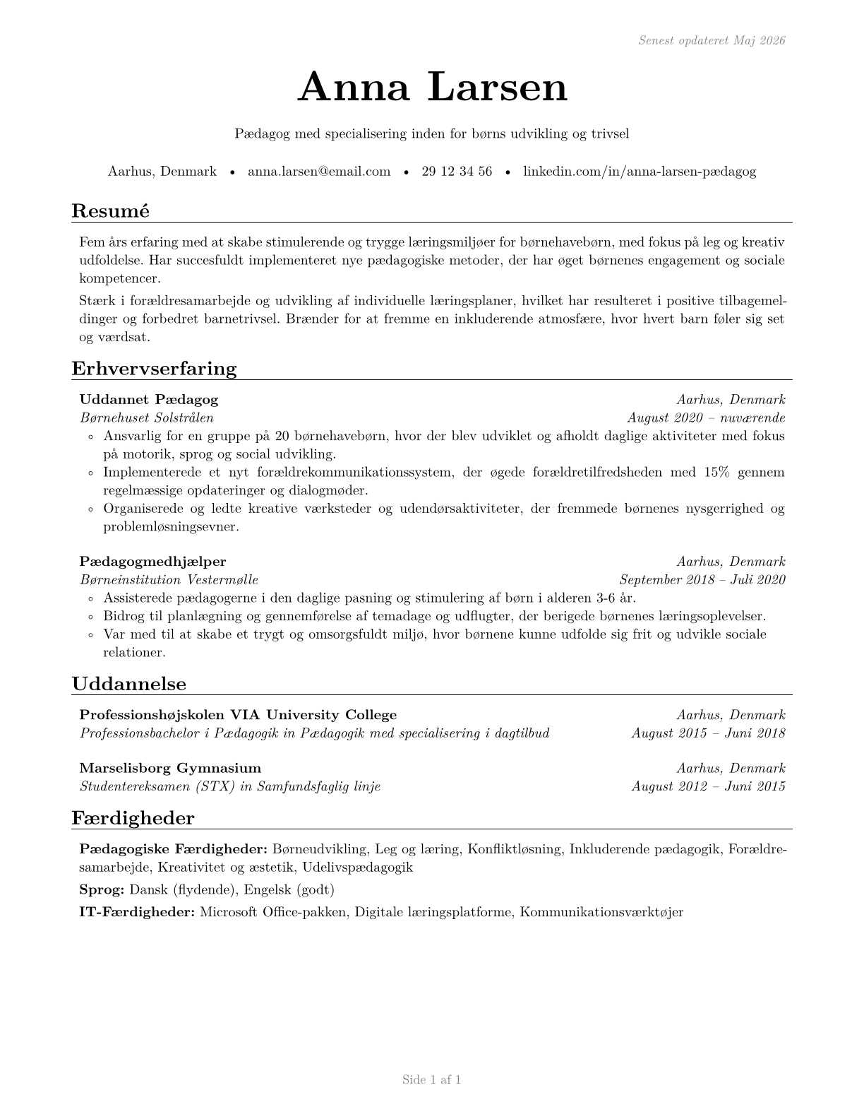 Kindergarten Teachers, Except Special Education CV in Danish — page 1