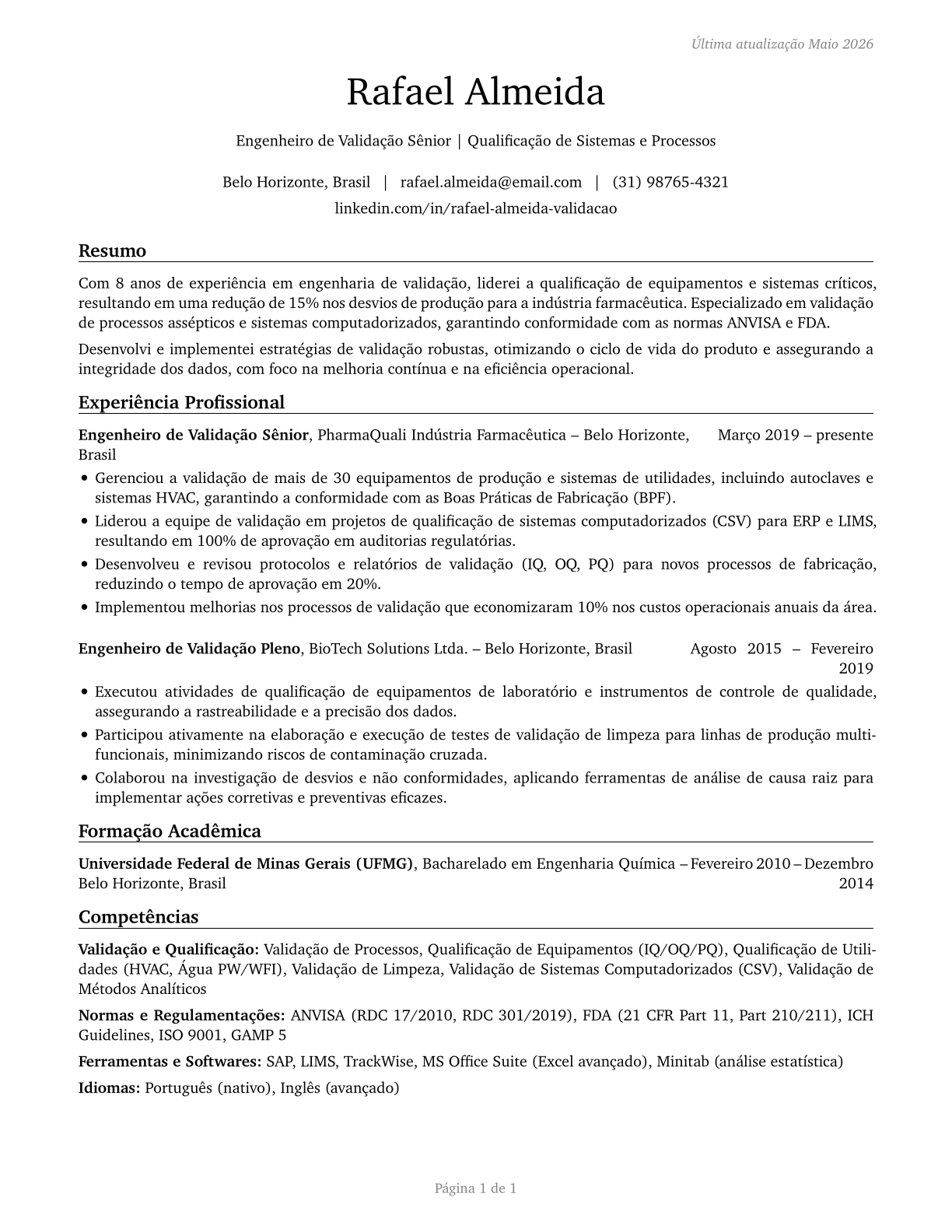 Validation Engineers CV in Portuguese — page 1