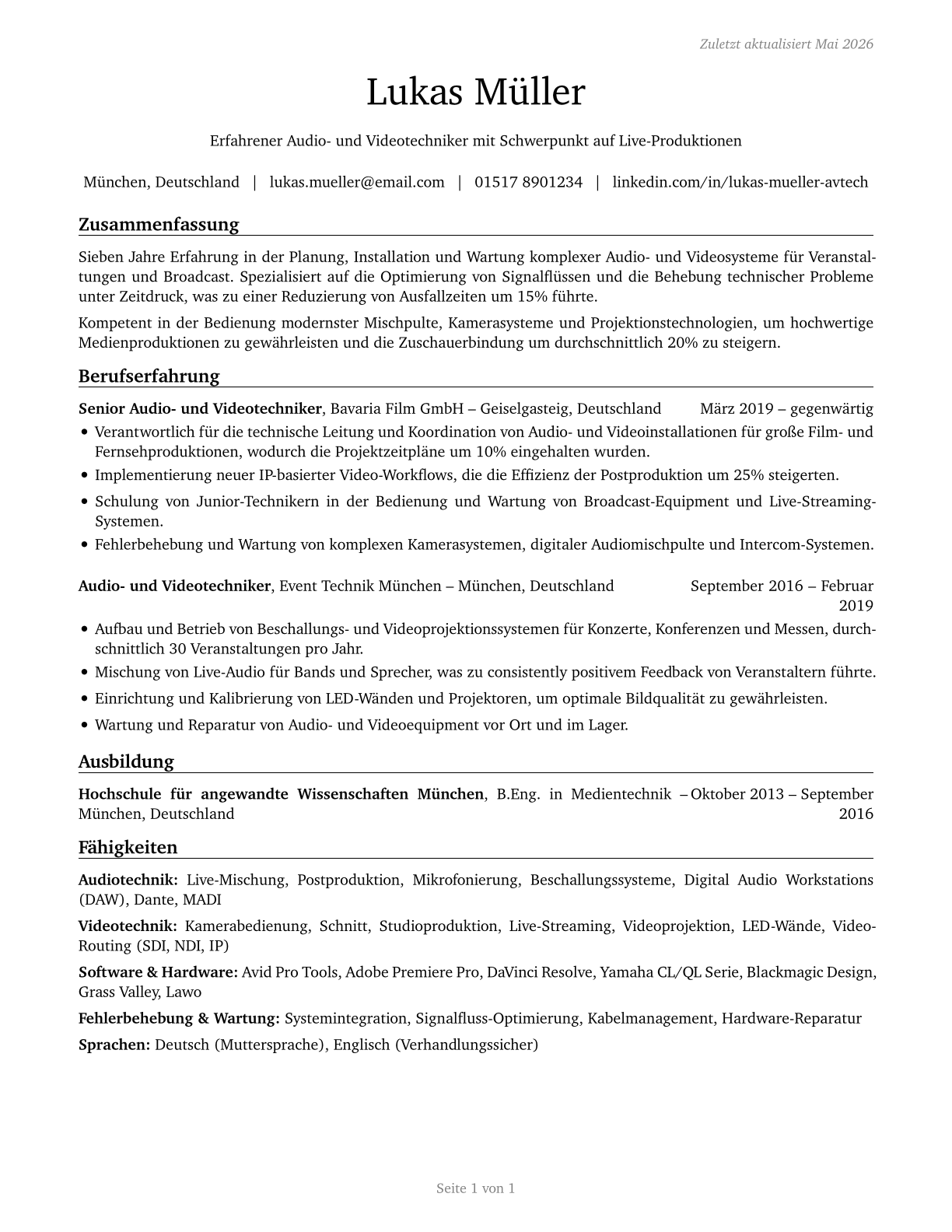 Audio and Video Technicians CV in German — page 1