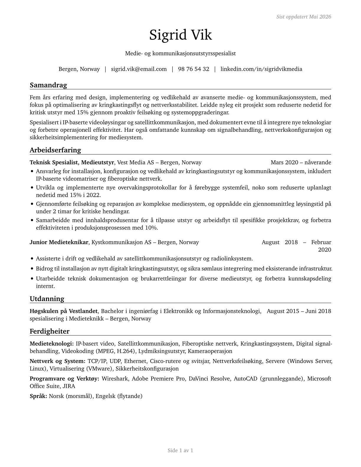 Media and Communication Equipment Workers, All Other CV in Norwegian_nynorsk — page 1