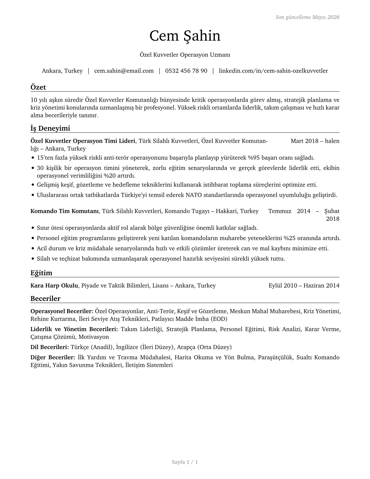 Special Forces CV in Turkish — page 1