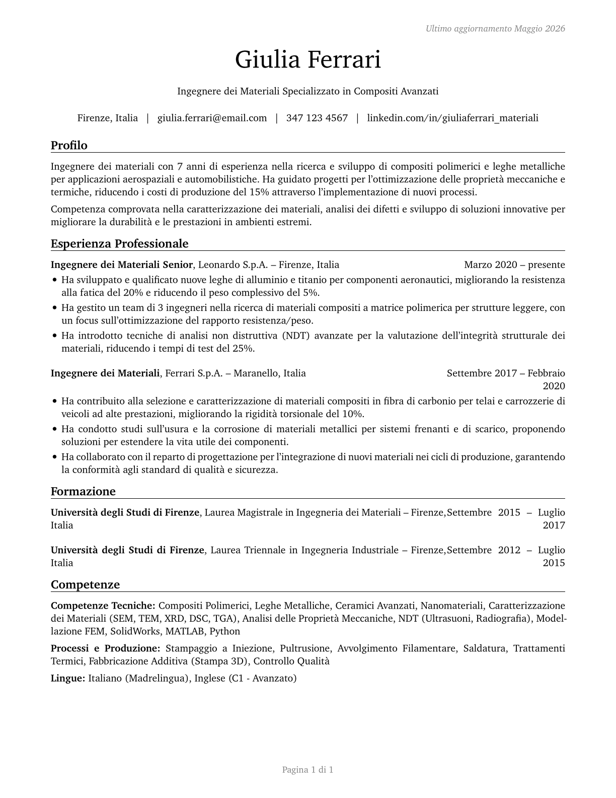 Materials Engineers CV in Italian — page 1