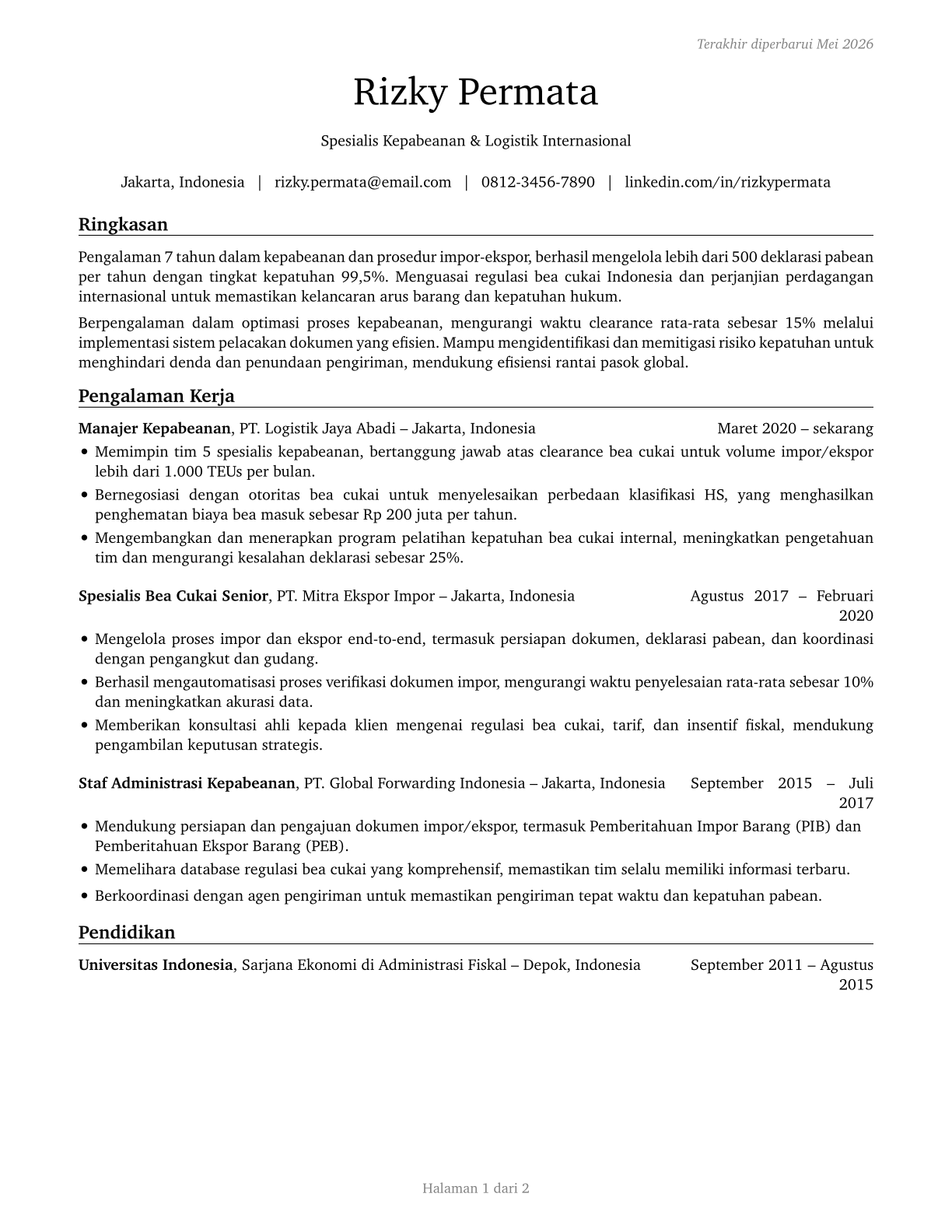 Customs Brokers CV in Indonesian — page 1