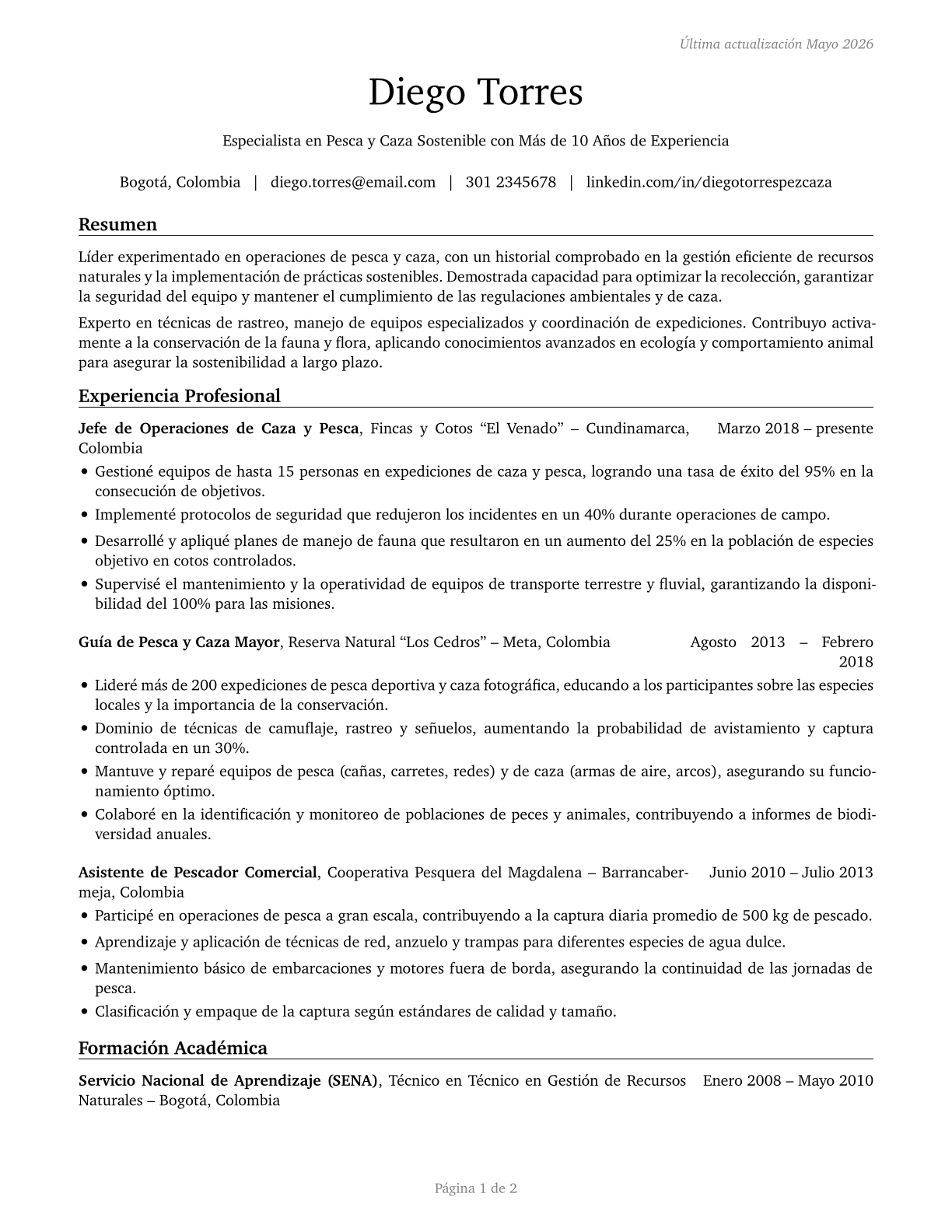 Fishing and Hunting Workers CV in Spanish — page 1