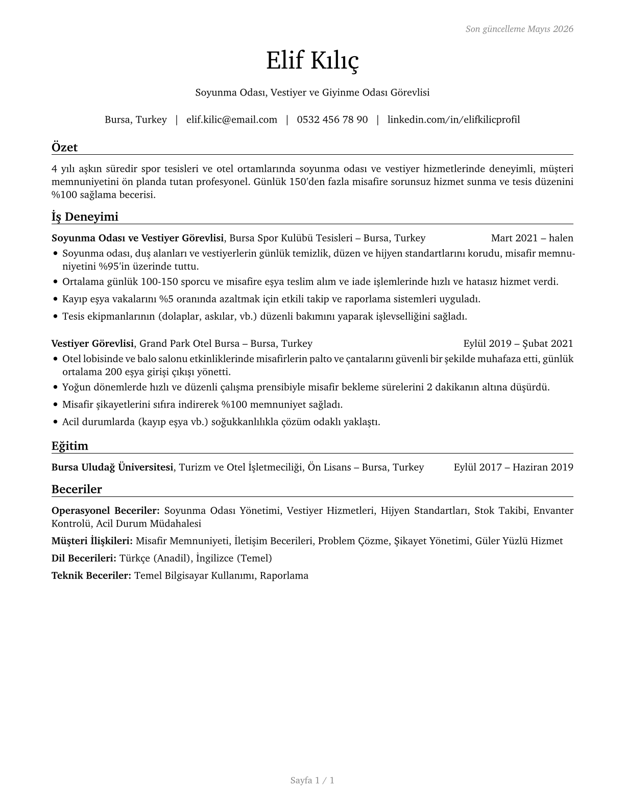 Locker Room, Coatroom, and Dressing Room Attendants CV in Turkish — page 1