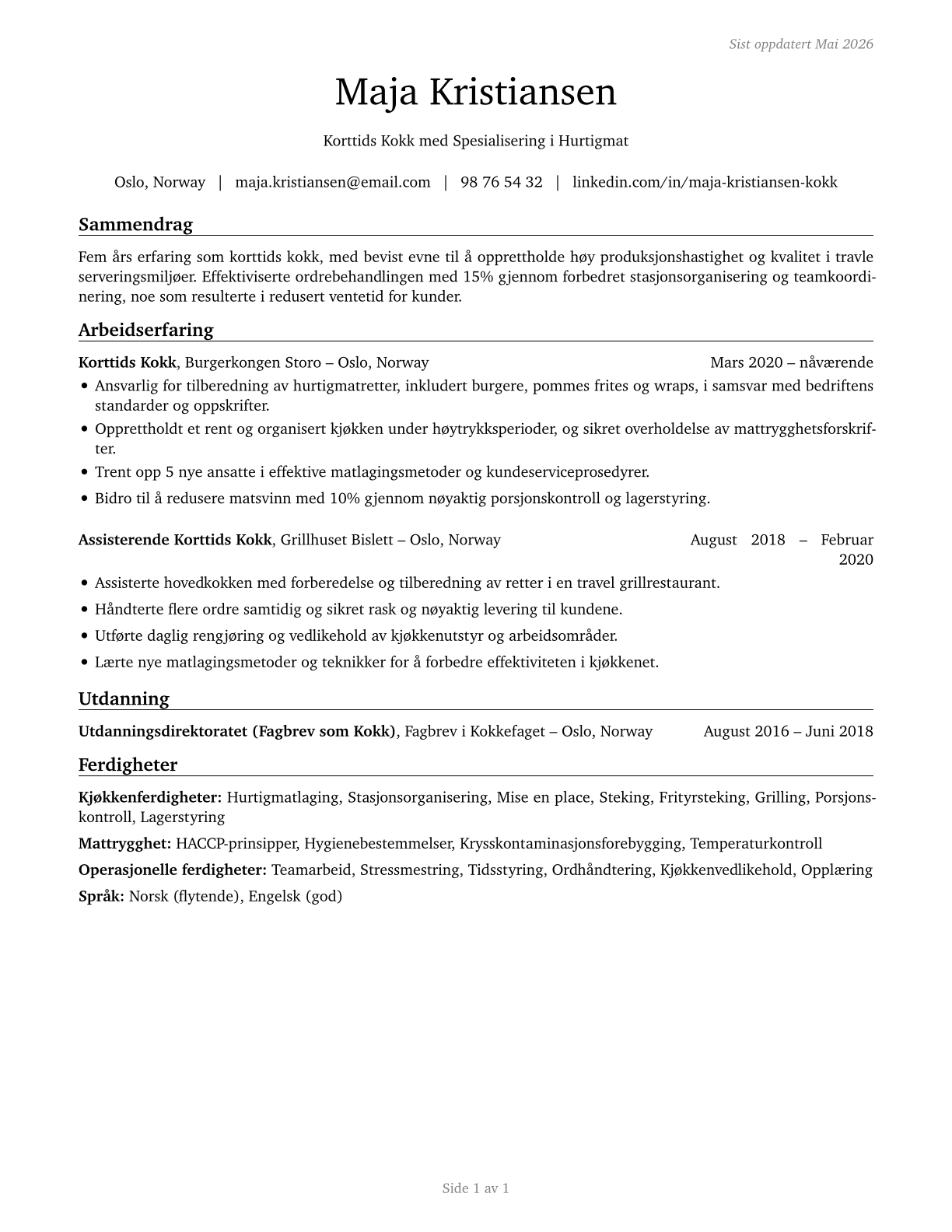 Cooks, Short Order CV in Norwegian_bokmal — page 1