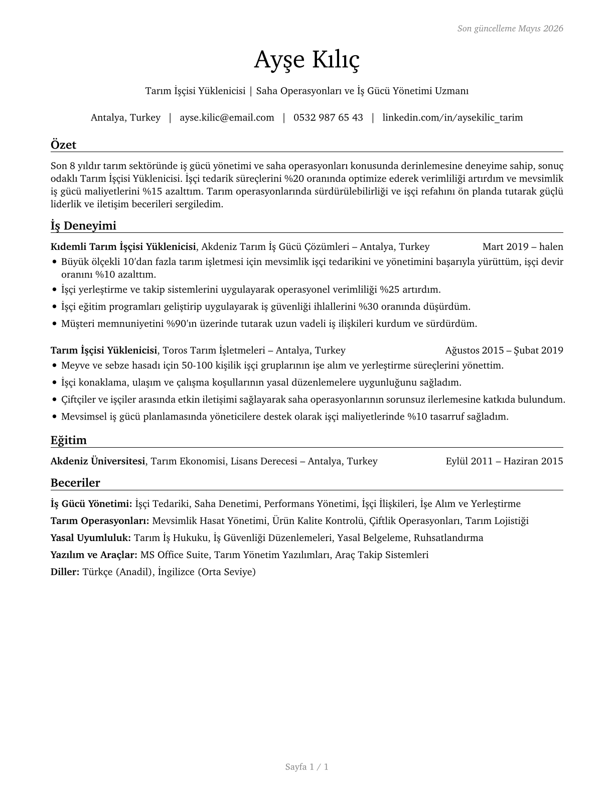 Farm Labor Contractors CV in Turkish — page 1