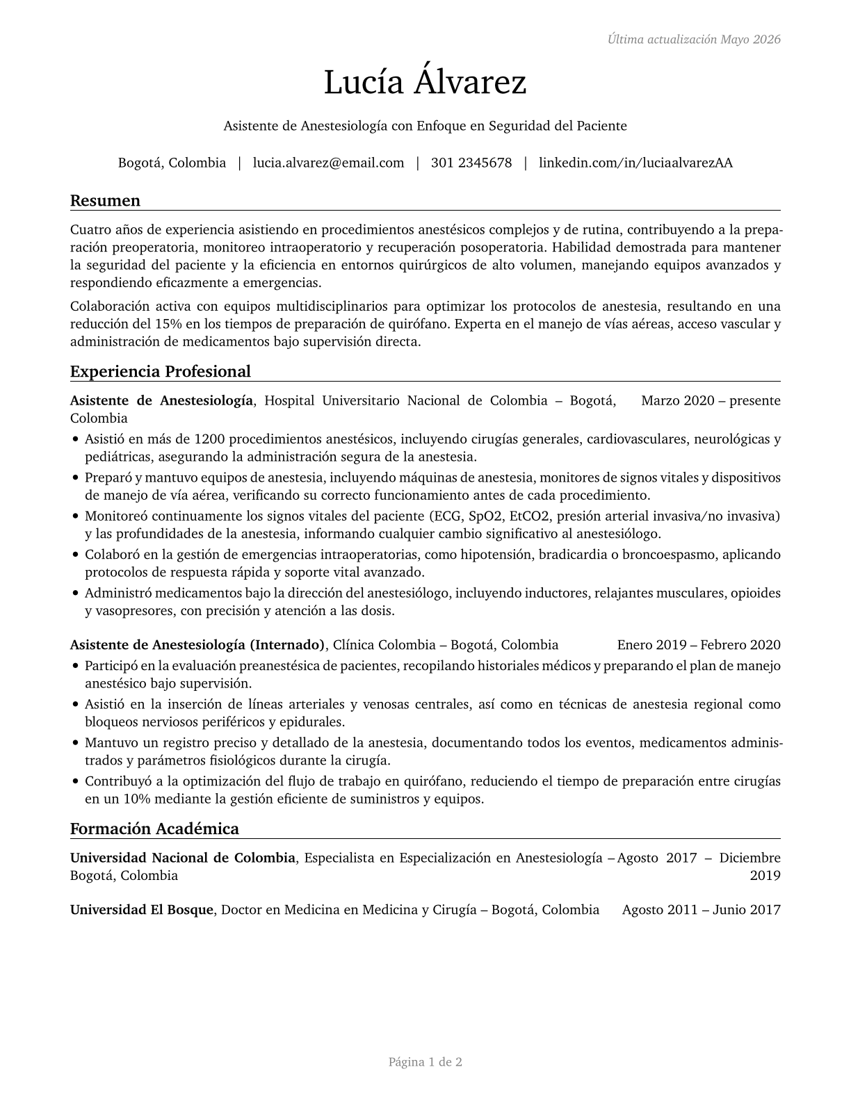 Anesthesiologist Assistants CV in Spanish — page 1
