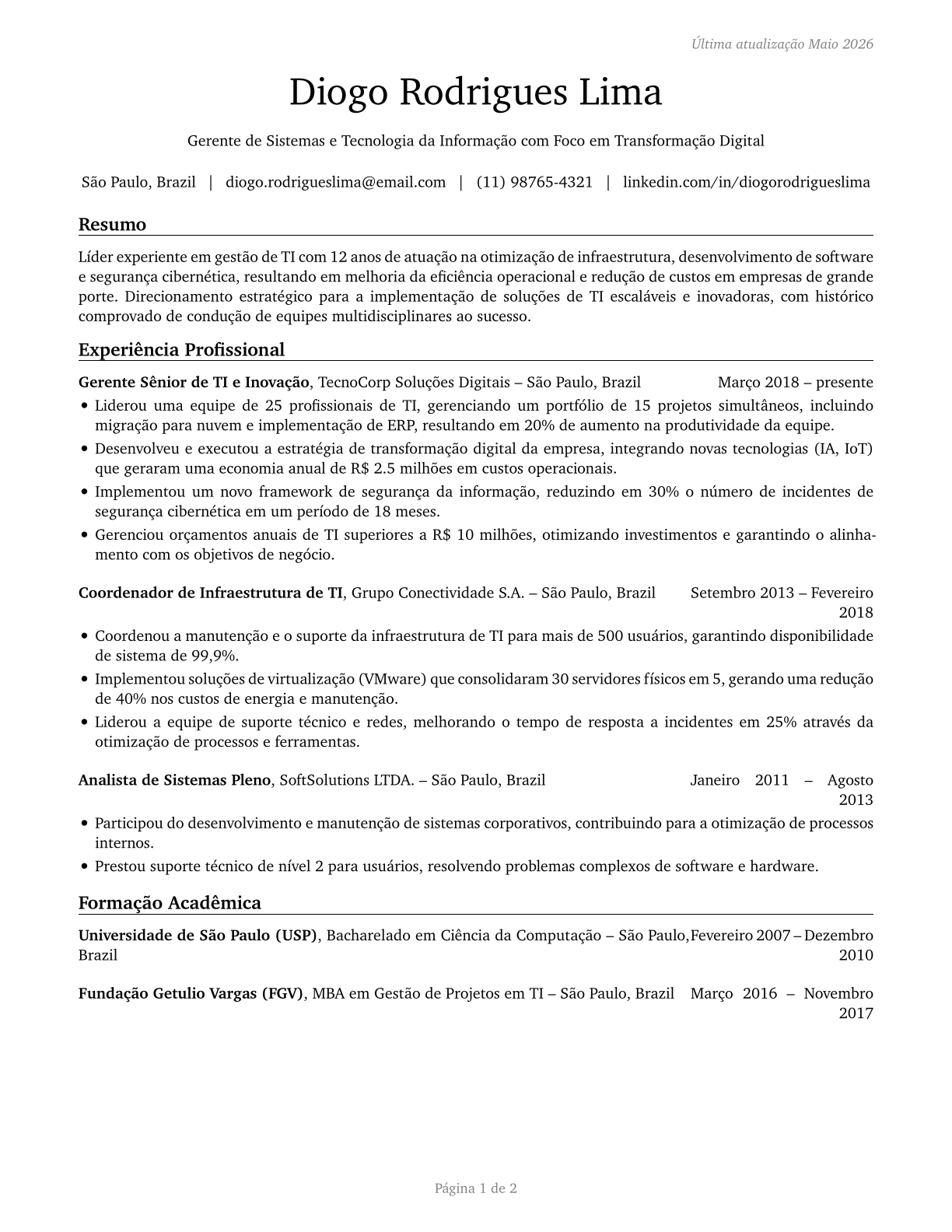 Computer and Information Systems Managers CV in Portuguese — page 1