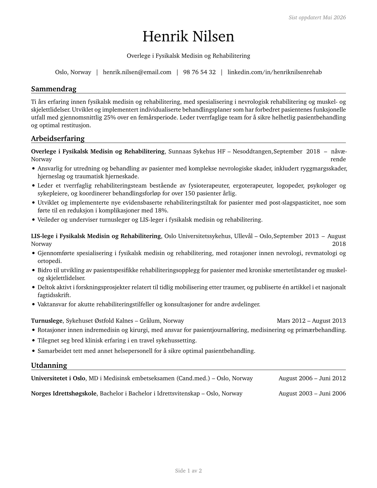Physical Medicine and Rehabilitation Physicians CV in Norwegian_bokmal — page 1