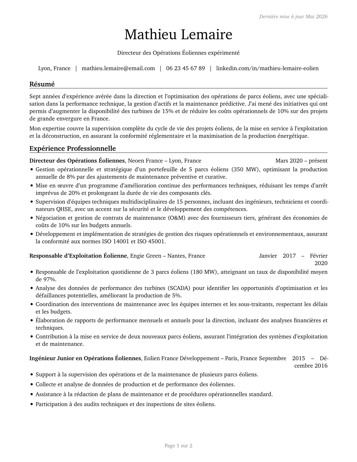 Wind Energy Operations Managers CV in French — page 1