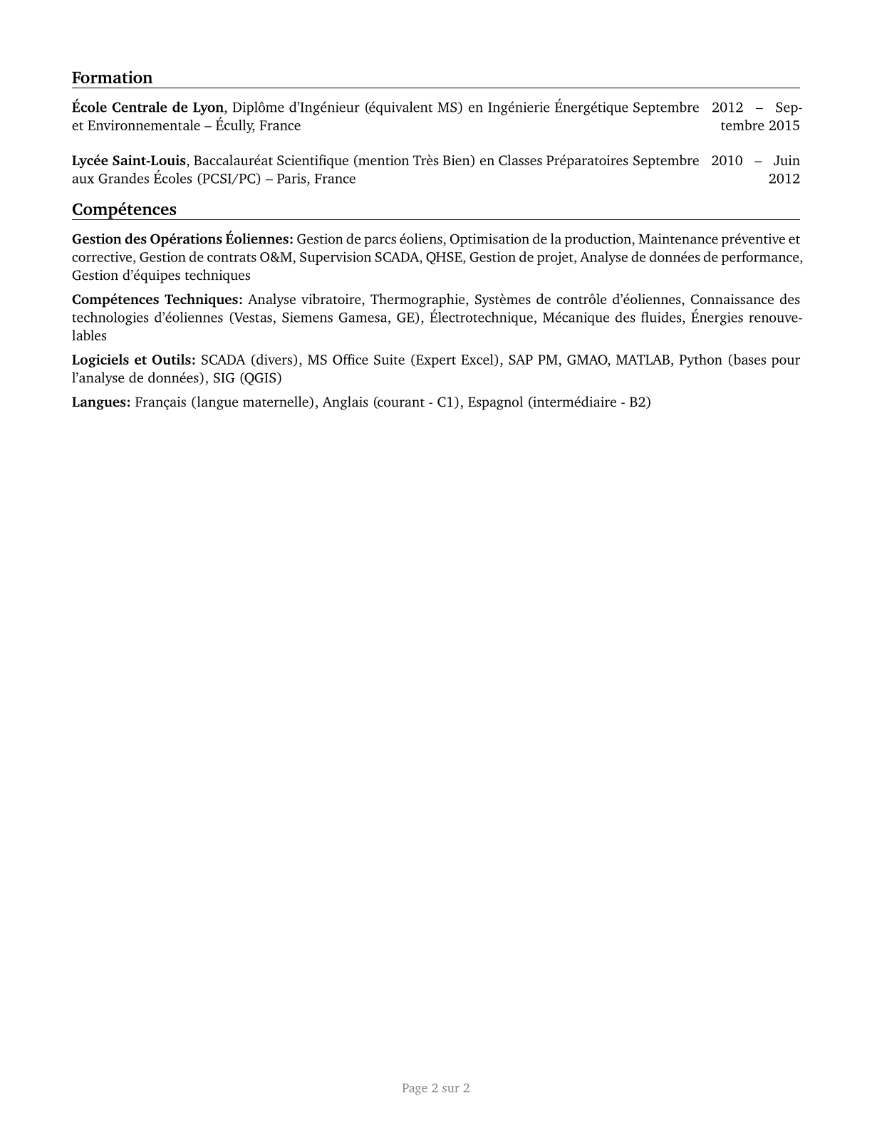 Wind Energy Operations Managers CV in French — page 2