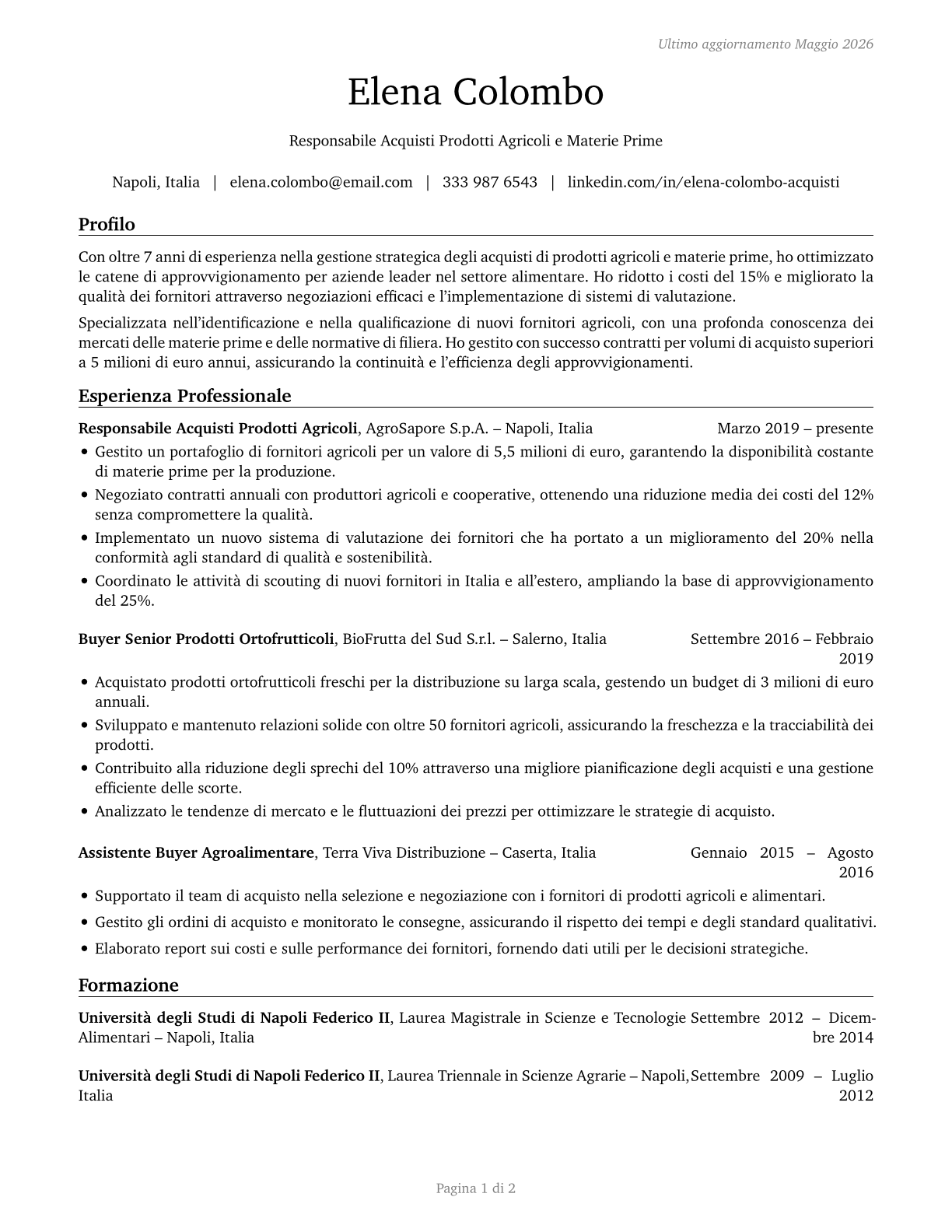 Buyers and Purchasing Agents, Farm Products CV in Italian — page 1