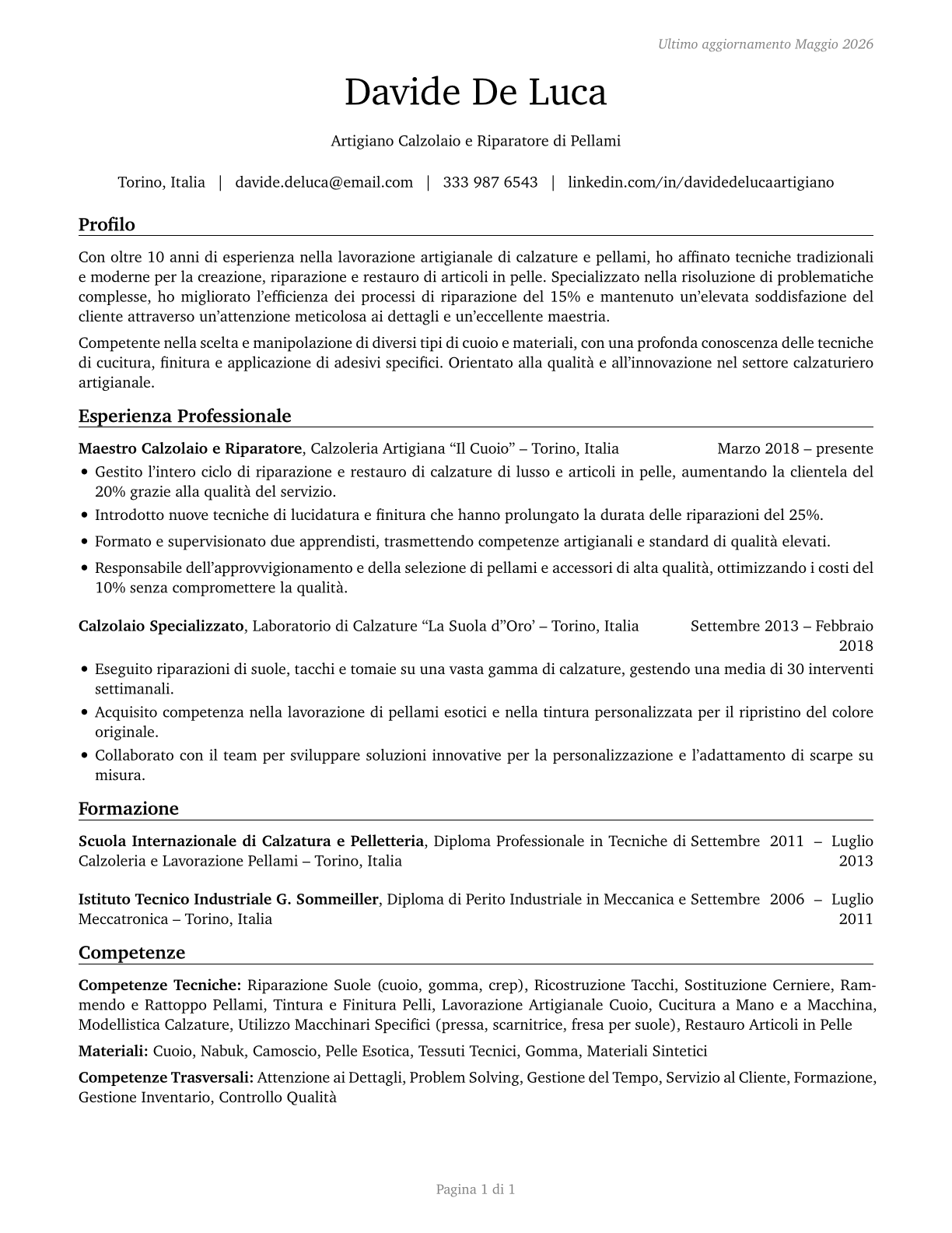 Shoe and Leather Workers and Repairers CV in Italian — page 1