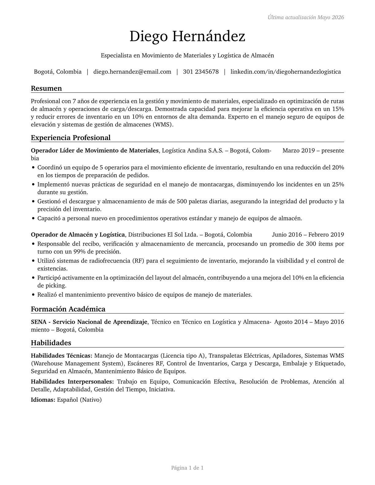 Material Moving Workers, All Other CV in Spanish — page 1