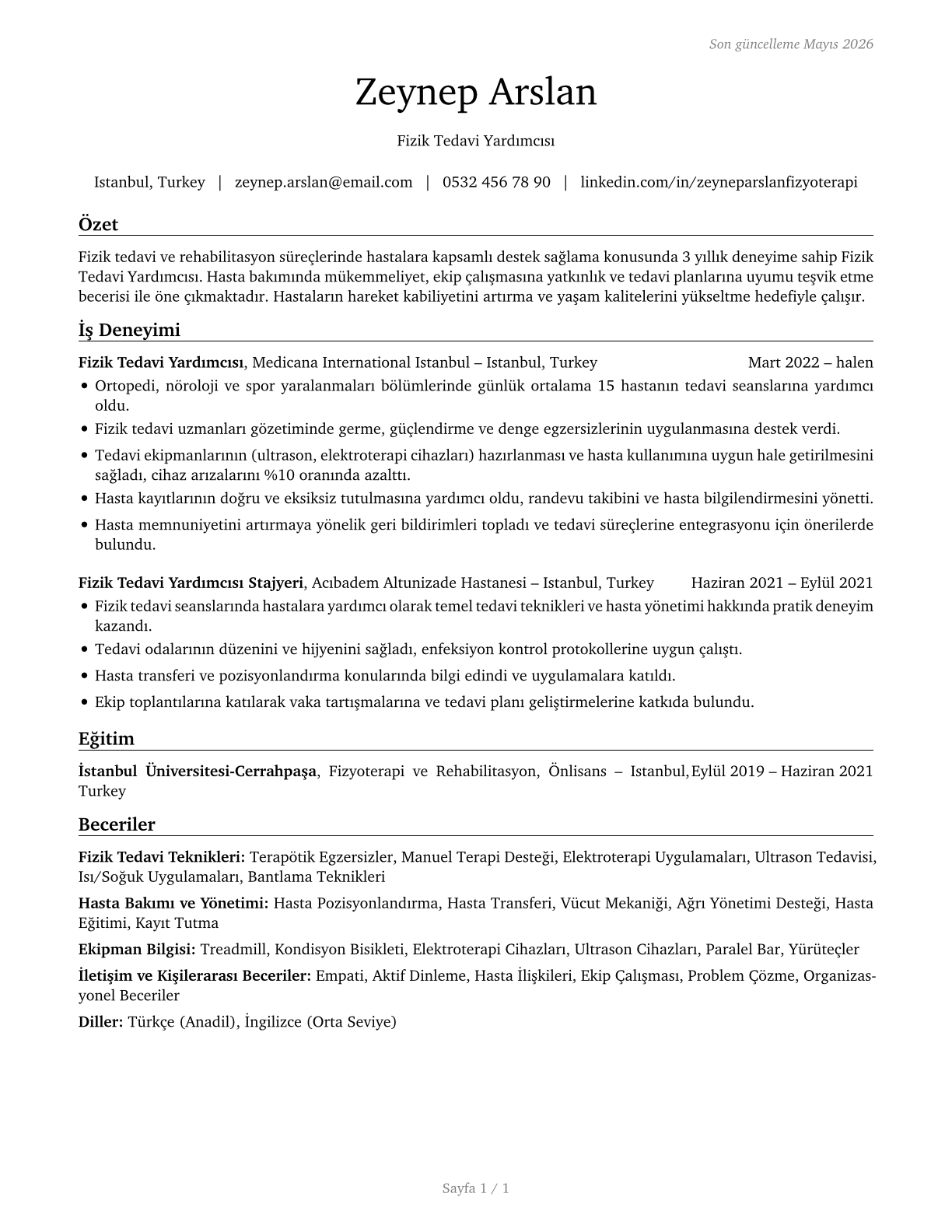 Physical Therapist Aides CV in Turkish — page 1