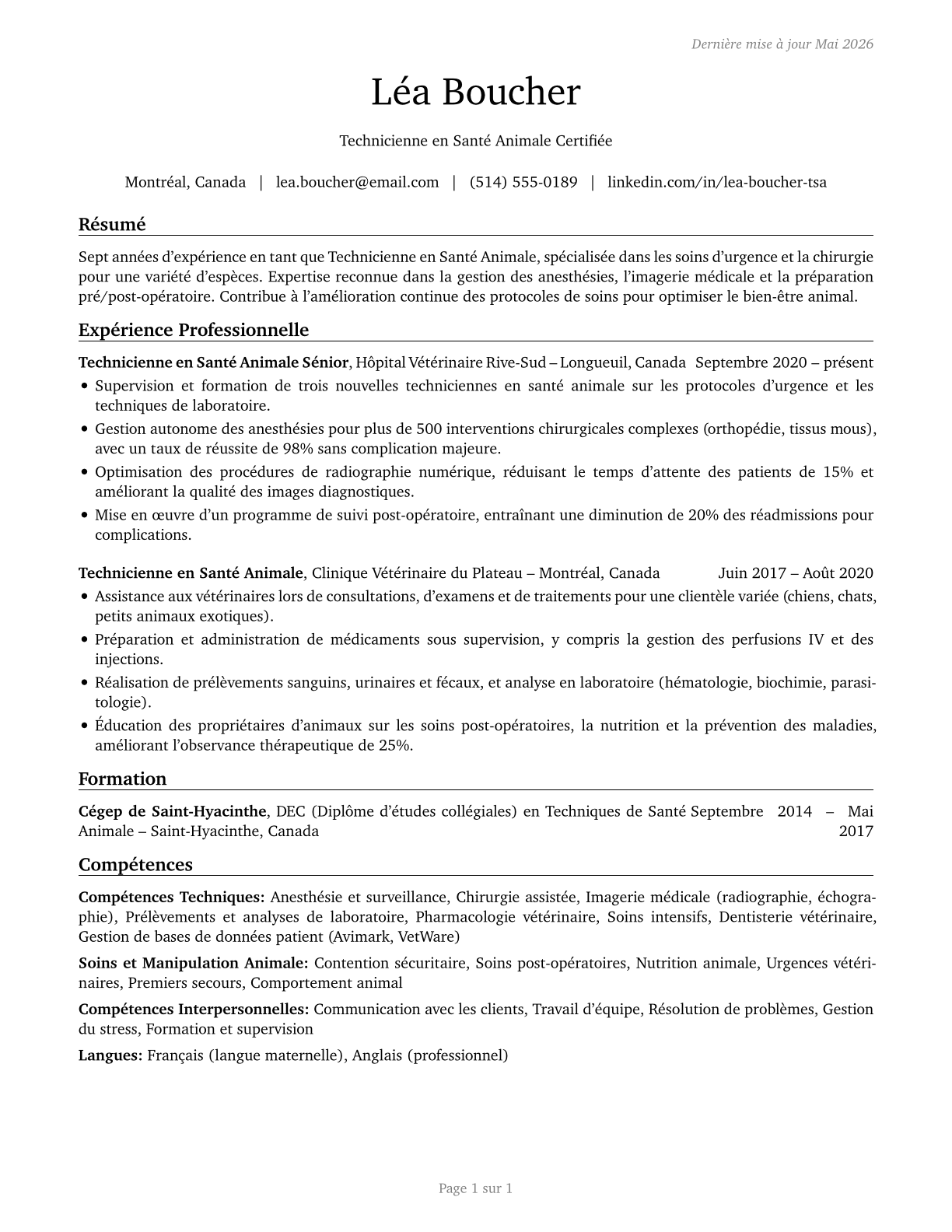 Veterinary Technologists and Technicians CV in French — page 1