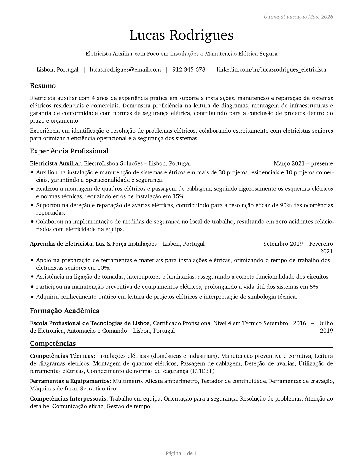 Helpers--Electricians CV in Portuguese — page 1