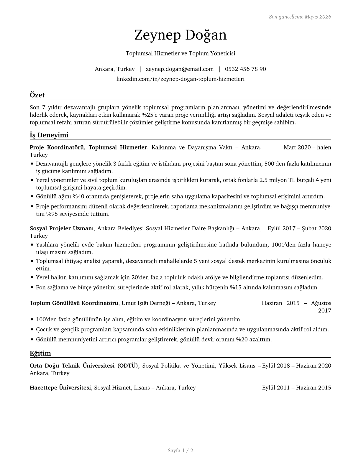 Social and Community Service Managers CV in Turkish — page 1