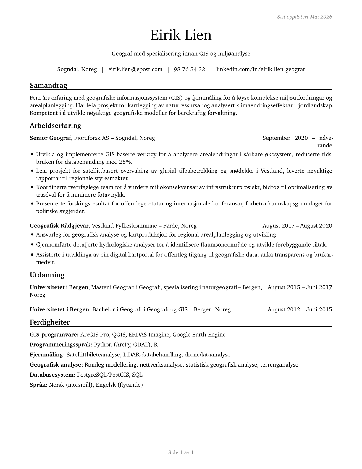 Geographers CV in Norwegian_nynorsk — page 1