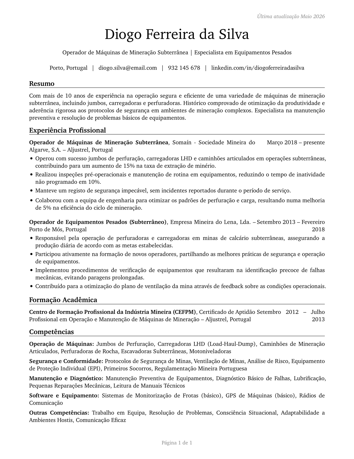 Underground Mining Machine Operators, All Other CV in Portuguese — page 1