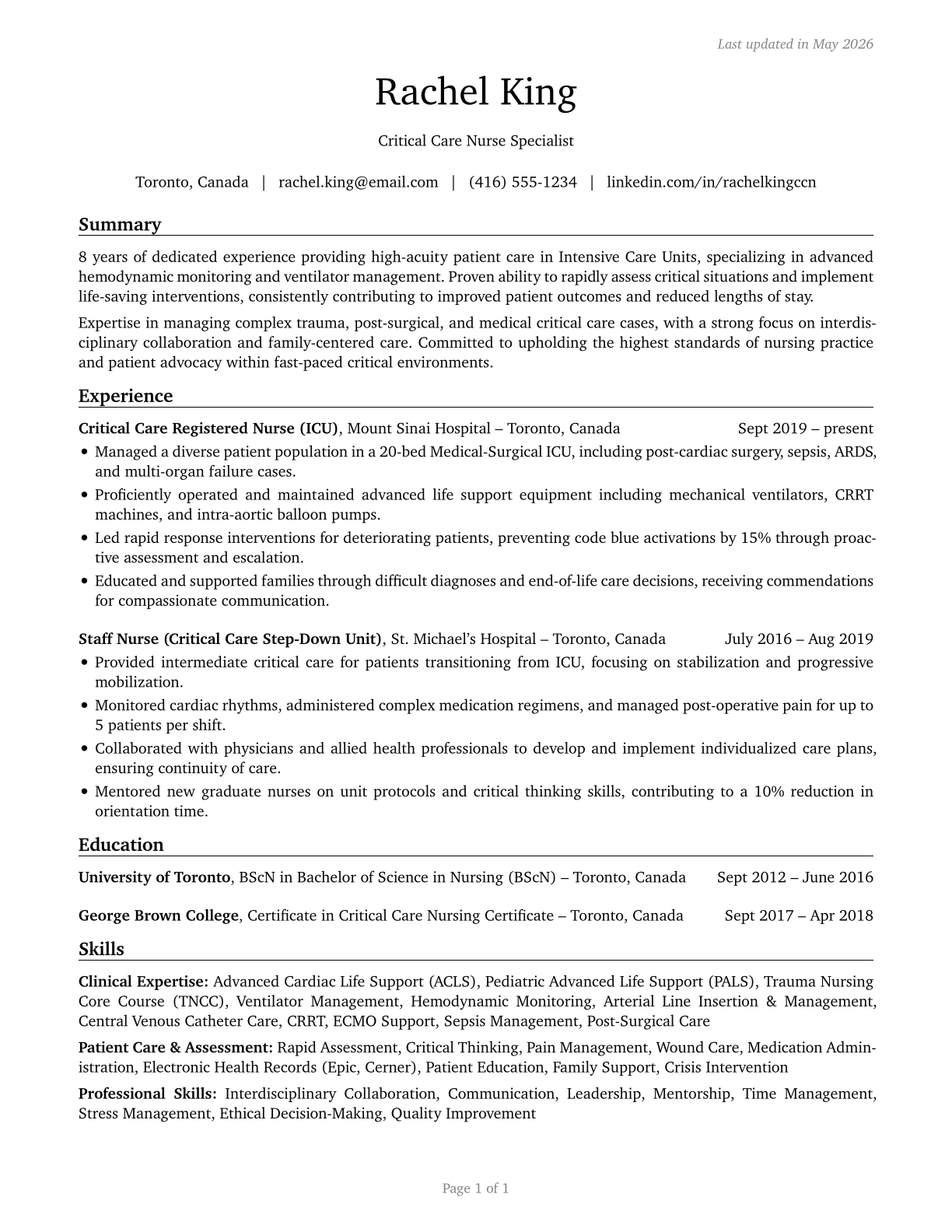 Critical Care Nurses CV in English — page 1