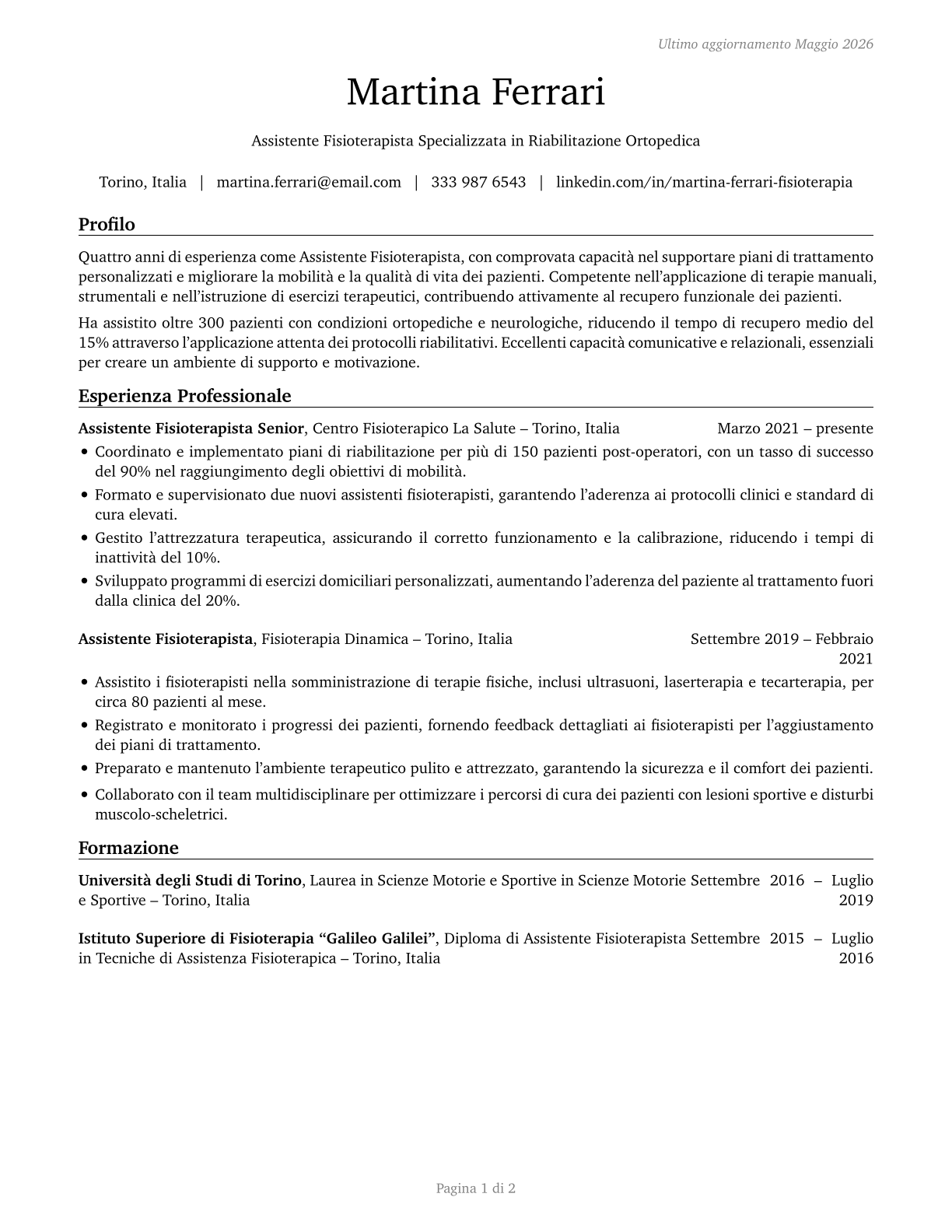 Physical Therapist Assistants CV in Italian — page 1