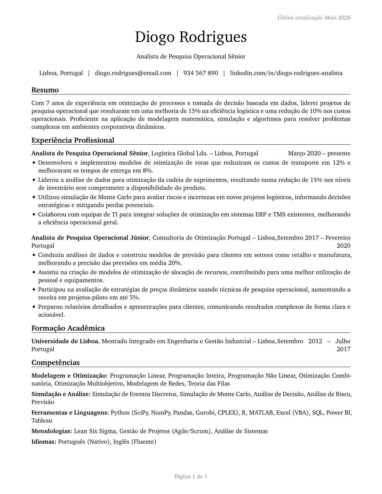 Operations Research Analysts CV in Portuguese — page 1