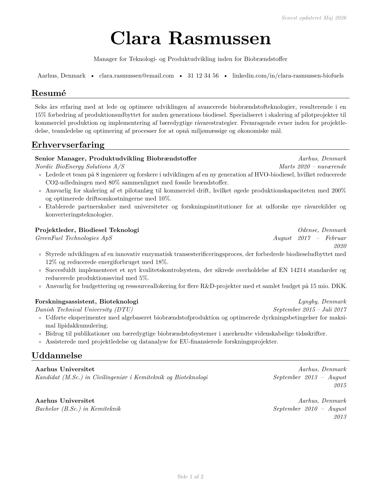 Biofuels/Biodiesel Technology and Product Development Managers CV in Danish — page 1