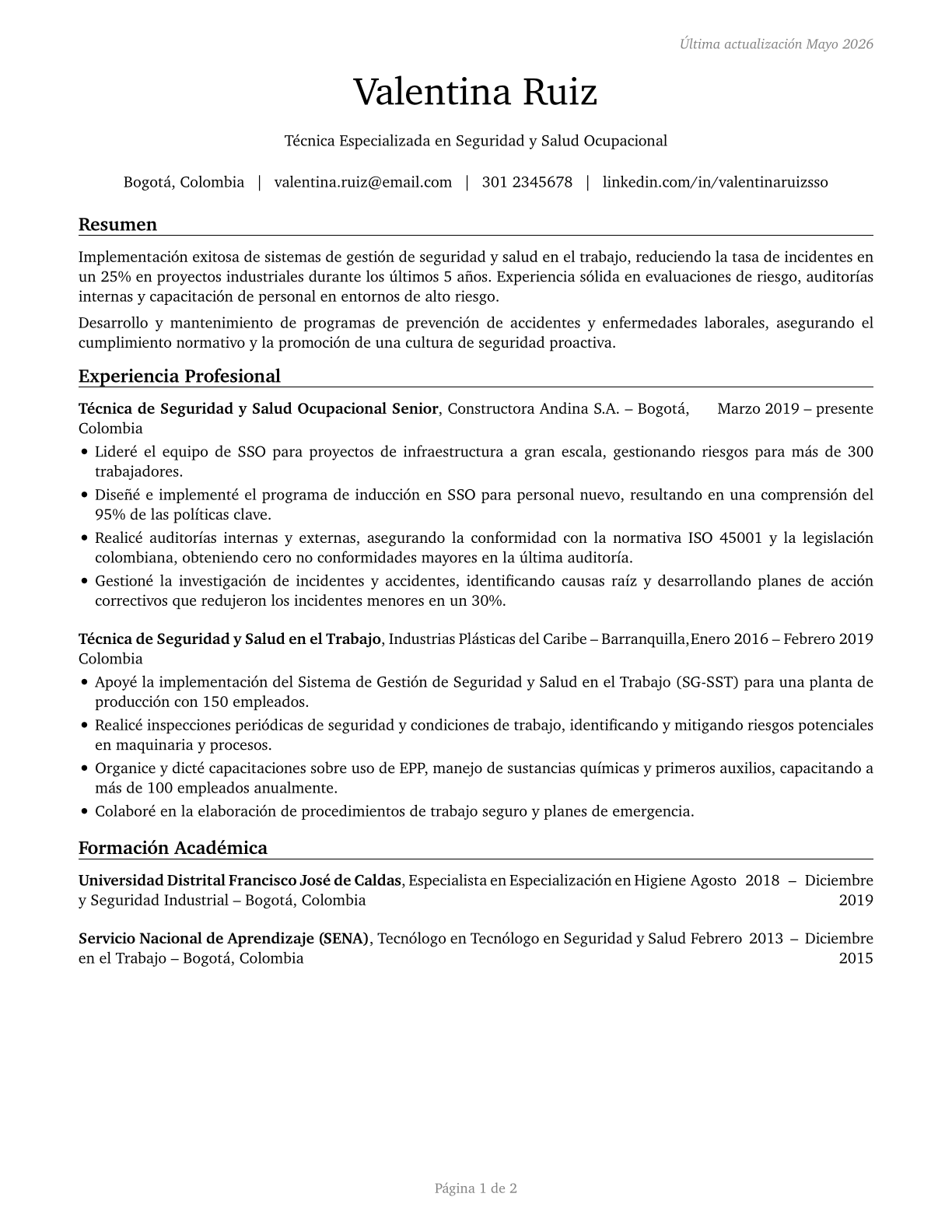 Occupational Health and Safety Technicians CV in Spanish — page 1