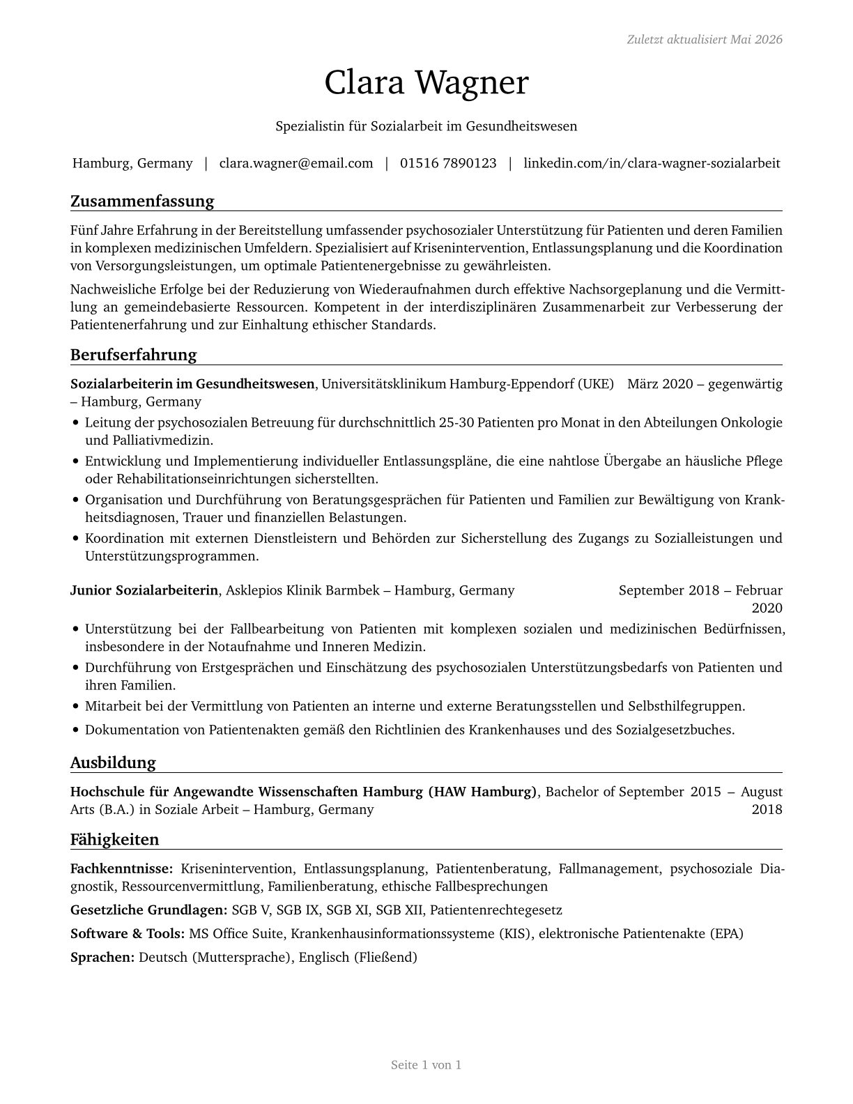 Healthcare Social Workers CV in German — page 1