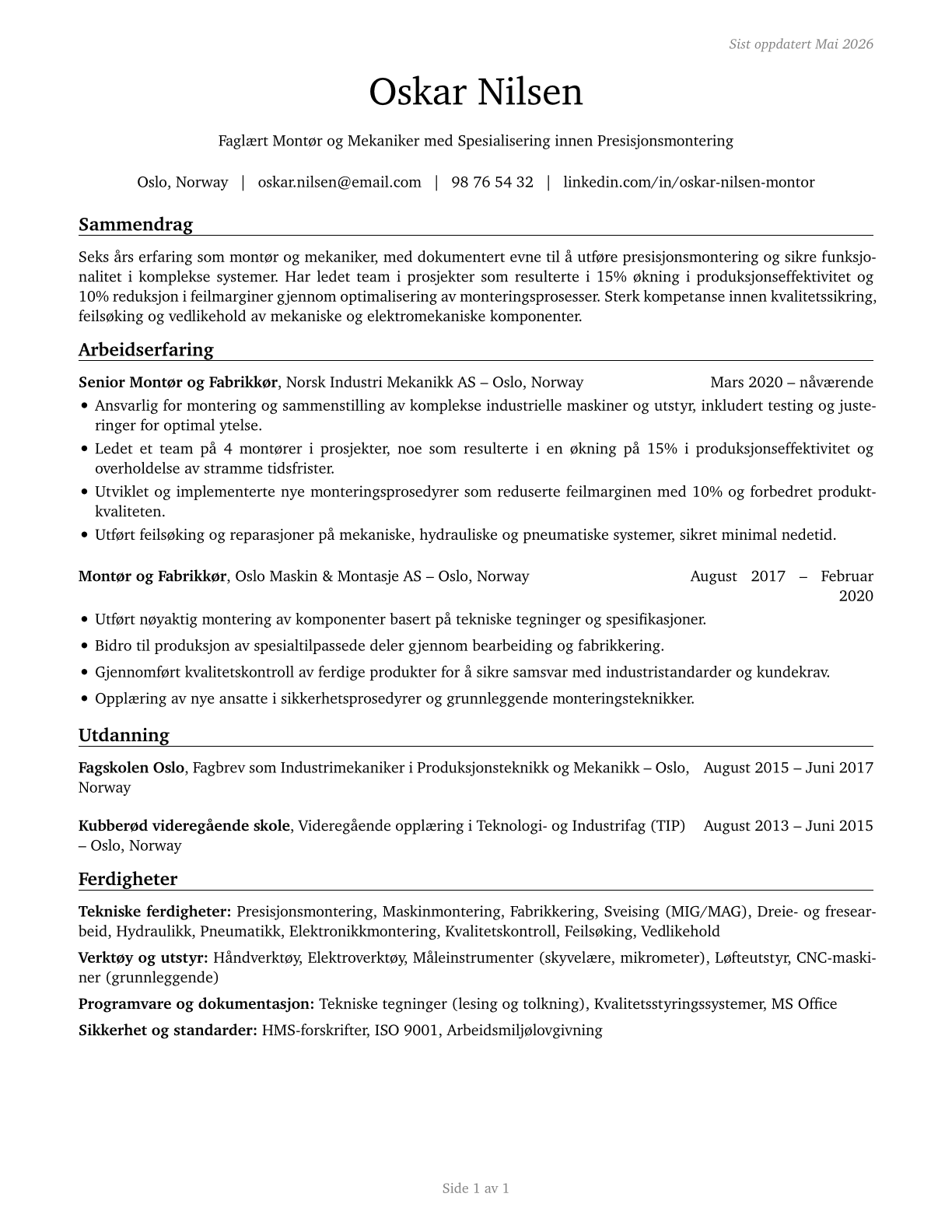 Assemblers and Fabricators, All Other CV in Norwegian_bokmal — page 1
