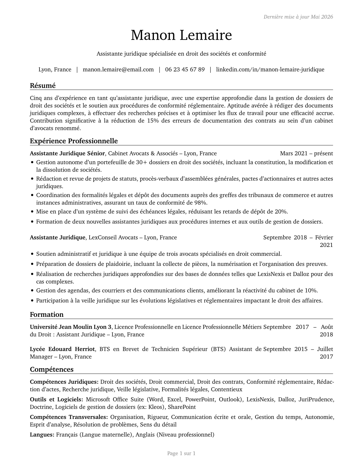 Paralegals and Legal Assistants CV in French — page 1