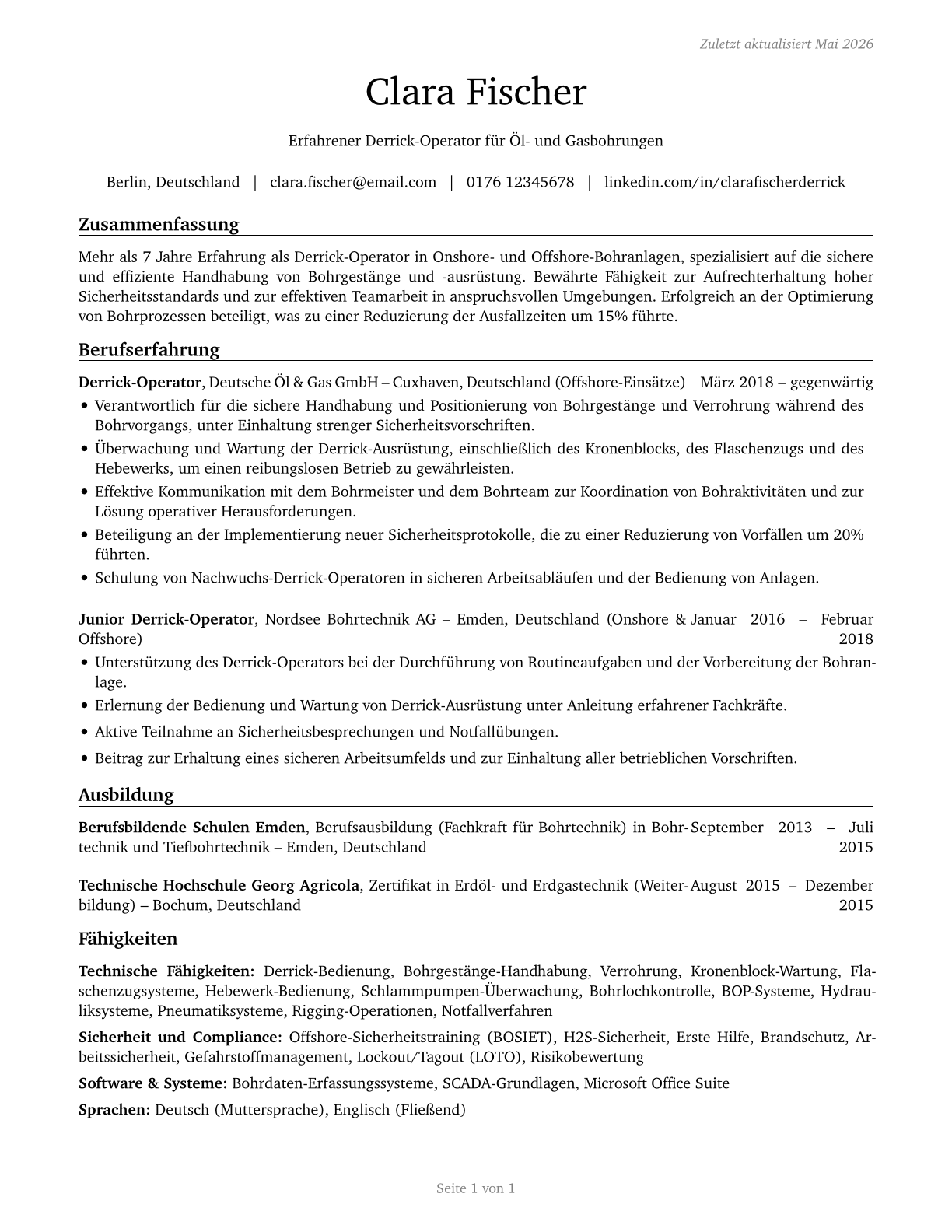 Derrick Operators, Oil and Gas CV in German — page 1