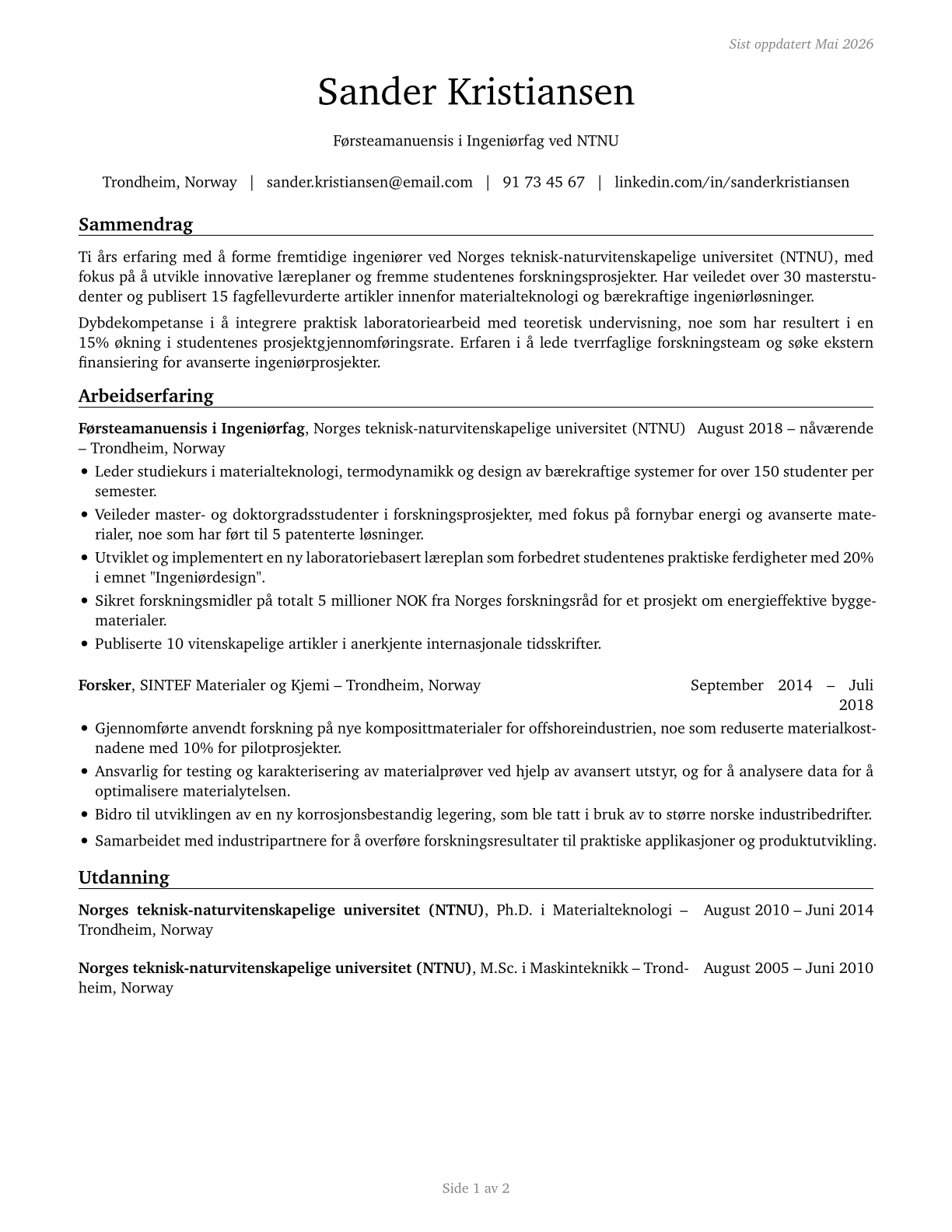 Engineering Teachers, Postsecondary CV in Norwegian_bokmal — page 1