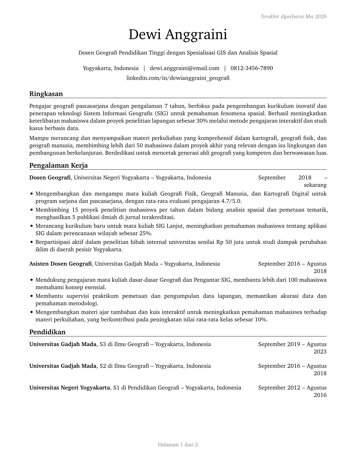 Geography Teachers, Postsecondary CV in Indonesian — page 1