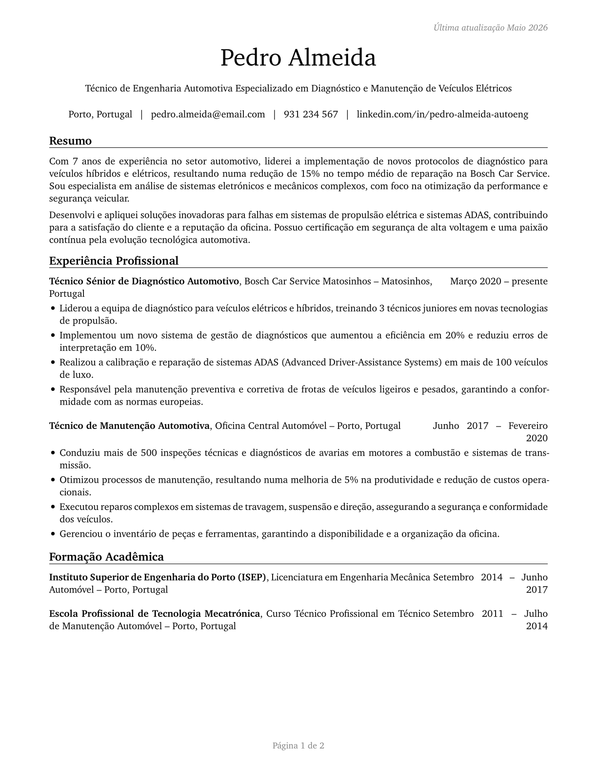 Automotive Engineering Technicians CV in Portuguese — page 1