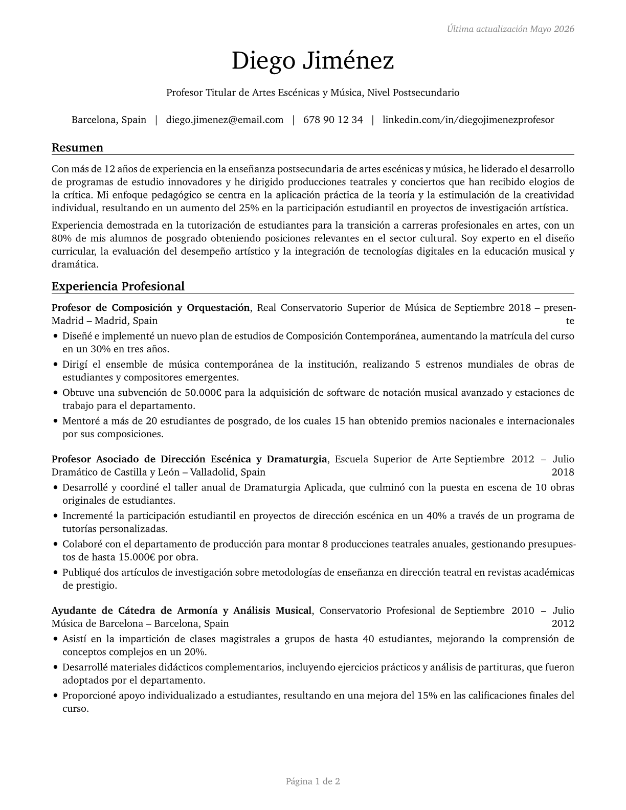 Art, Drama, and Music Teachers, Postsecondary CV in Spanish — page 1