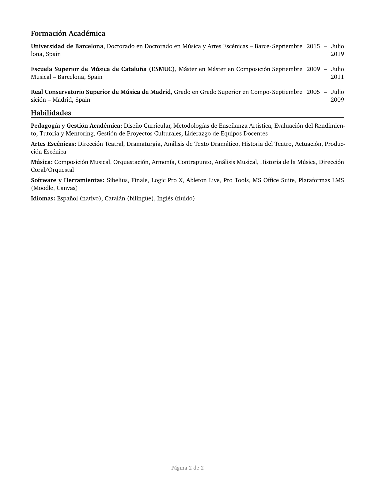 Art, Drama, and Music Teachers, Postsecondary CV in Spanish — page 2