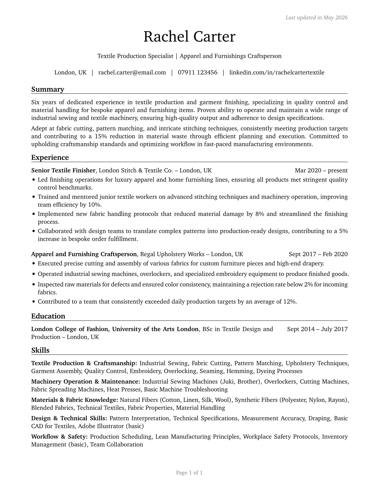 Textile, Apparel, and Furnishings Workers, All Other CV in English — page 1