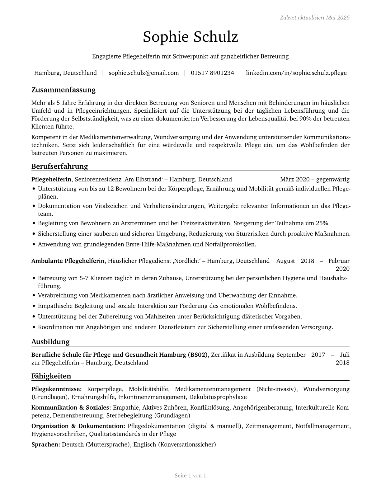 Personal Care Aides CV in German — page 1