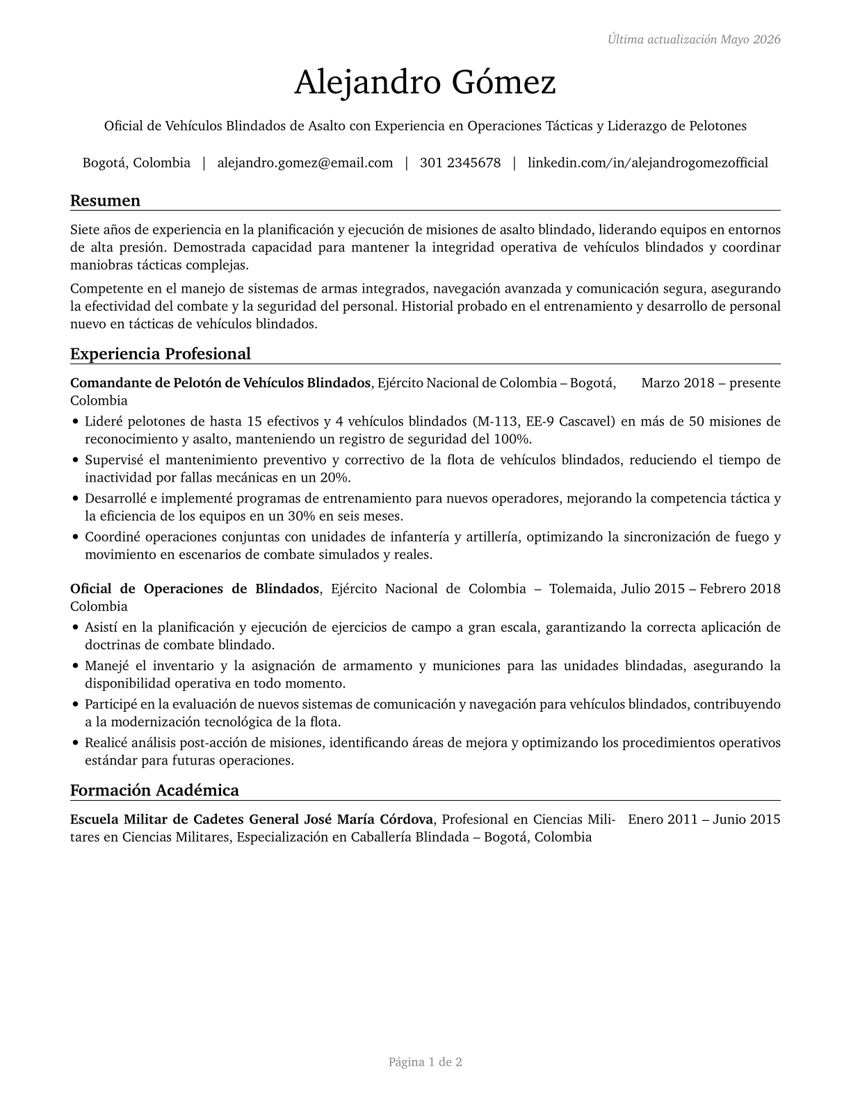 Armored Assault Vehicle Officers CV in Spanish — page 1