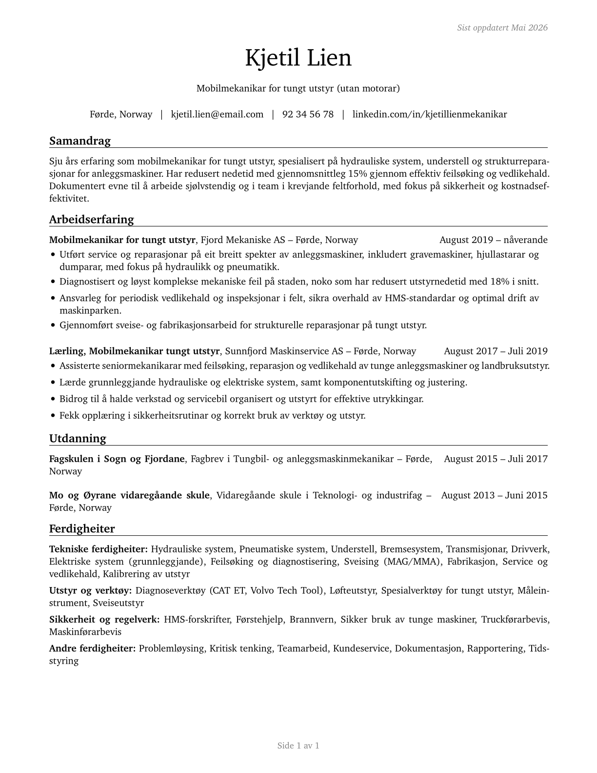 Mobile Heavy Equipment Mechanics, Except Engines CV in Norwegian_nynorsk — page 1