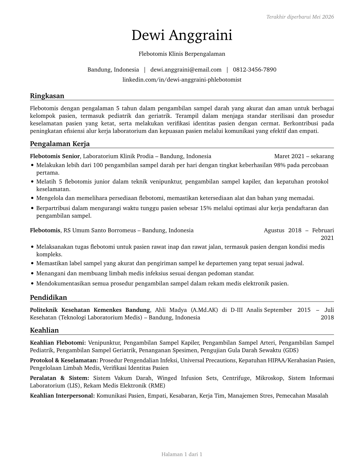 Phlebotomists CV in Indonesian — page 1