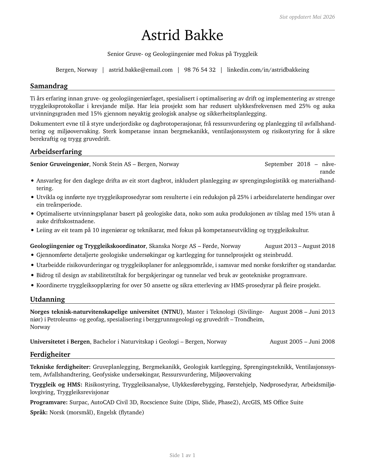Mining and Geological Engineers, Including Mining Safety Engineers CV in Norwegian_nynorsk — page 1