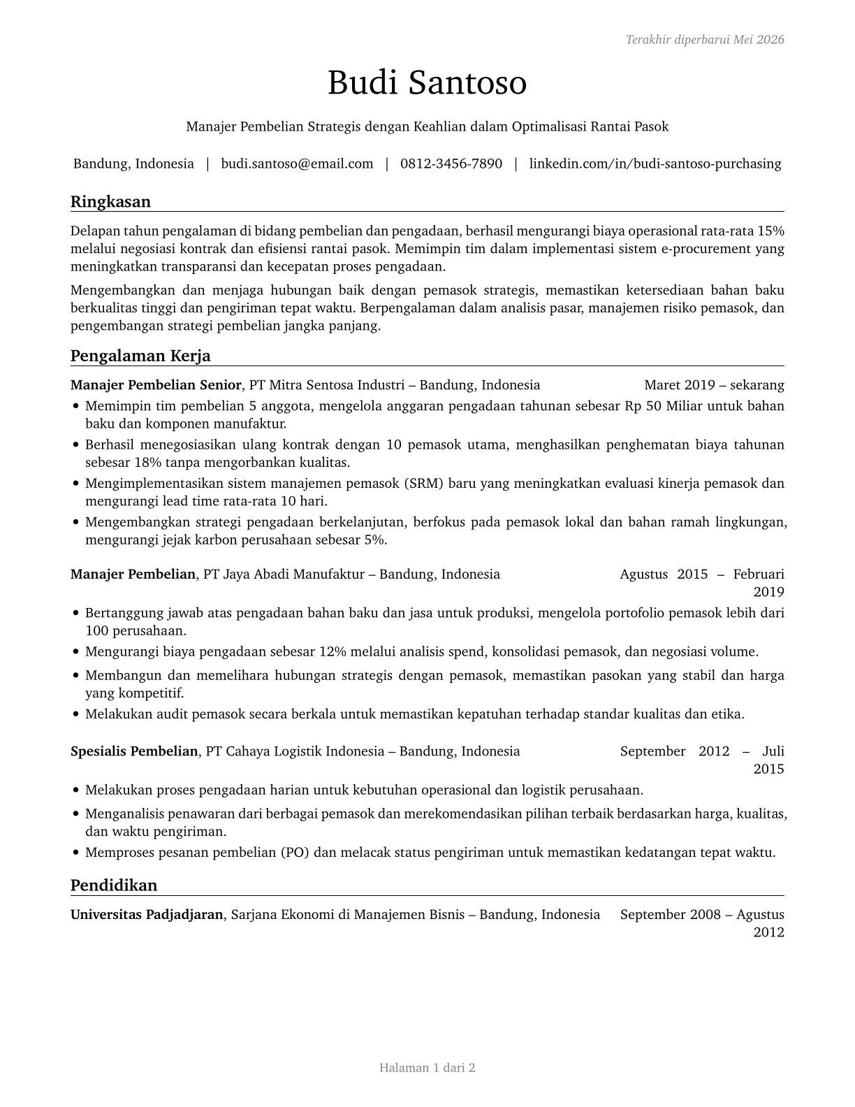 Purchasing Managers CV in Indonesian — page 1